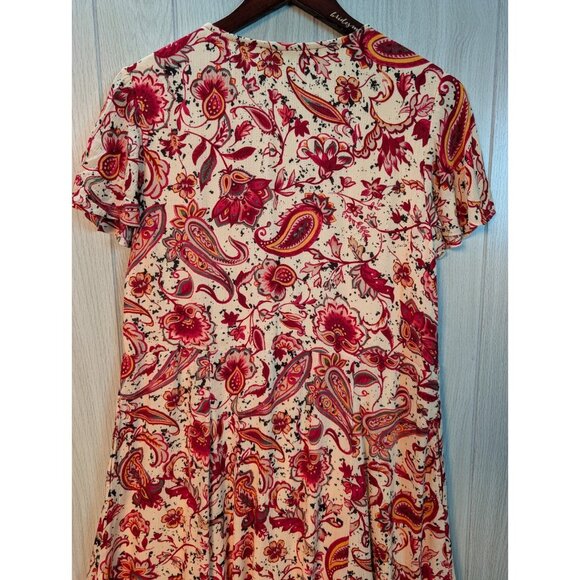 Torrid Mini Gauze Lace-Up Skater Dress Size 00 Red Paisley Crochet Pockets - Picture 7 of 11